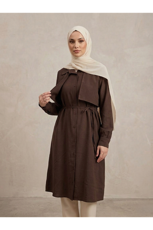 TUN05958-KHV Çift Taraflı Aller Uzun Tunik-Kahve