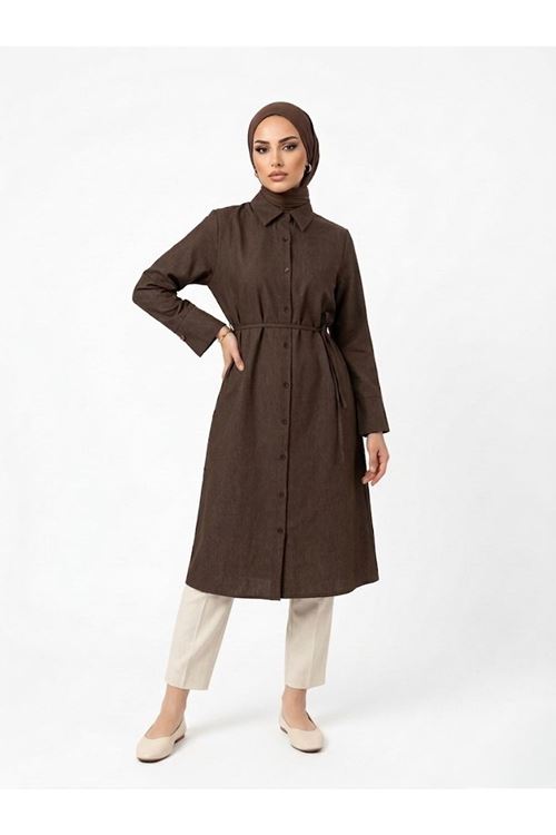 TUN05959-KHV Biye Detay Uzun Tunik-Kahve