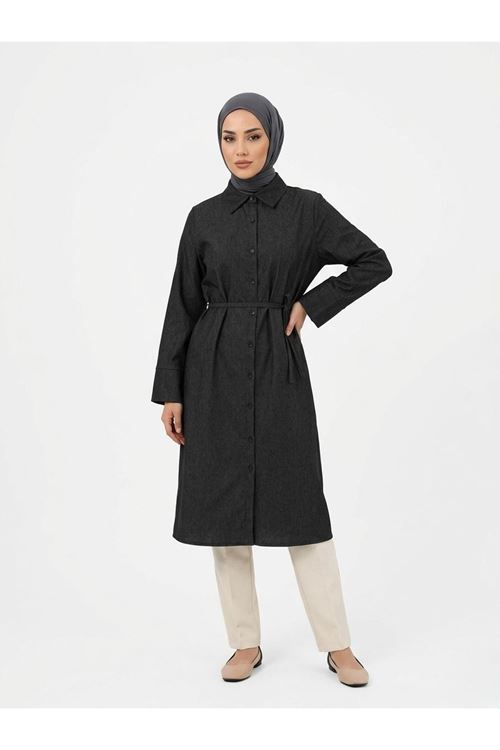 TUN05959-SYH Biye Detay Uzun Tunik-Siyah
