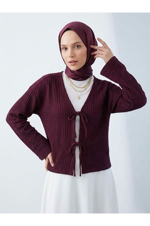 TUN05960-BRD Ön Bağlamalı Örme Tunik-Bordo