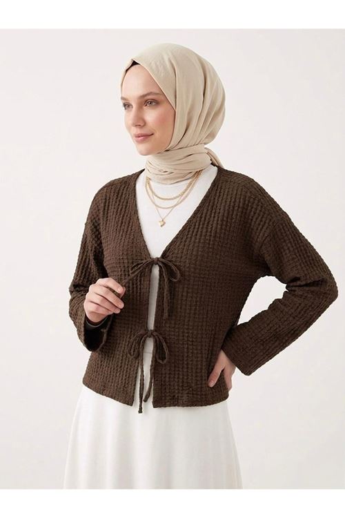 TUN05960-KHV Ön Bağlamalı Örme Tunik-Kahve