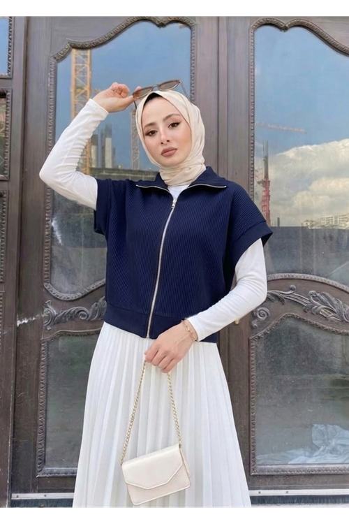 YEL00879-LCV Fermuar Detay Yelek-Lacivert