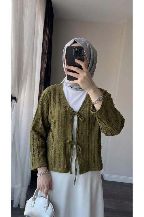 TUN05925-69 Pileli Ön İki Bağlamalı Tunik-YAĞ YEŞİLİ