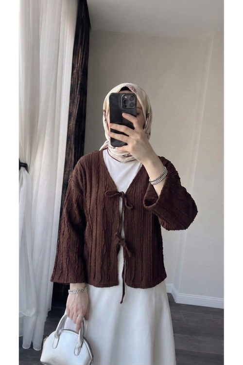 TUN05925-KHV Pileli Ön İki Bağlamalı Tunik-Kahve