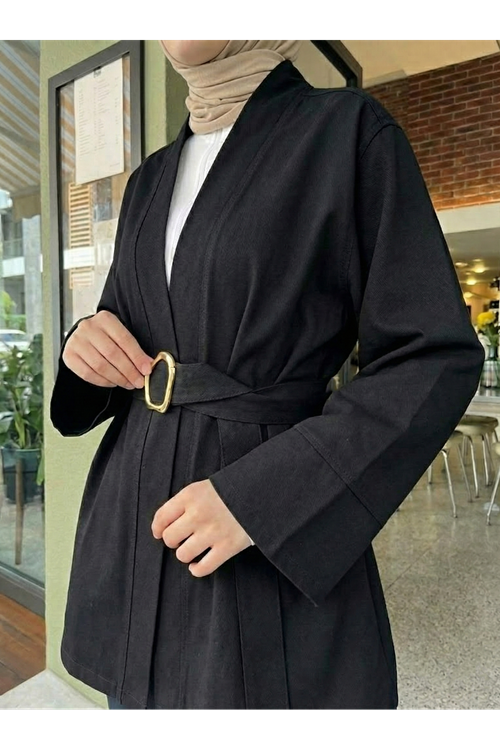 CKT01784-SYH Geniş Manşet Kuşak Detay Ceket-Siyah