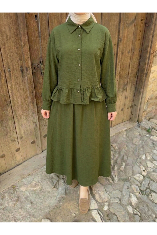 EİT00108-HKİ Büzgü Detay Etekli Takım-Haki