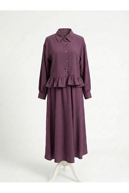 EİT00108-MRD Büzgü Detay Etekli Takım-Mürdüm