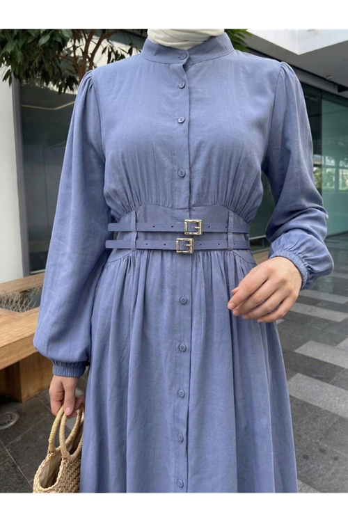 ELB04073-İND Çift Kemerli Elbise-İndigo