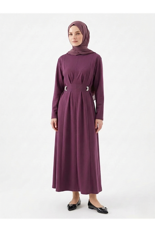 ELB04125-GKR Önü Pensli Kuşak Aksesuar Detay Elbise-Gül Kurusu