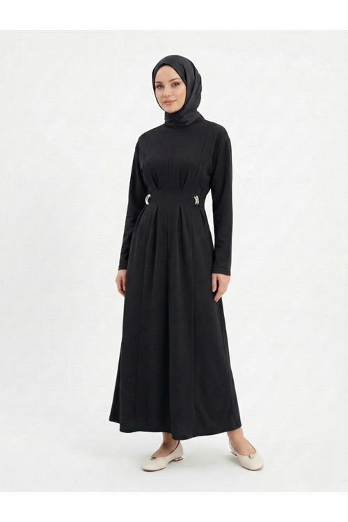 ELB04125-SYH Önü Pensli Kuşak Aksesuar Detay Elbise-Siyah