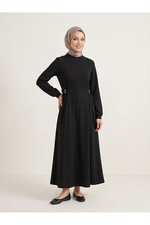 ELB04126-SYH Kuşak Toka Detay Elbise-Siyah