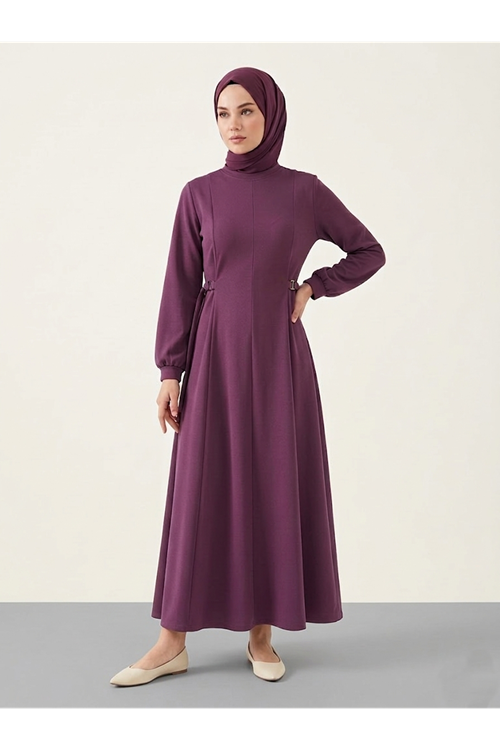 ELB04126-GKR Kuşak Toka Detay Elbise-Gül Kurusu