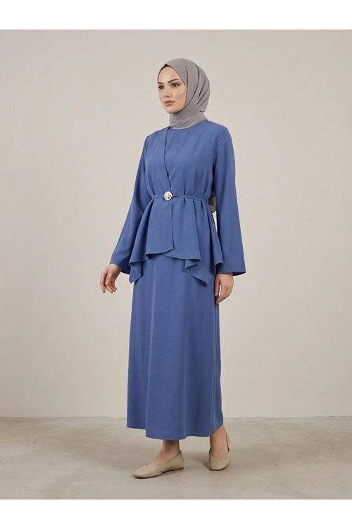 ELB04137-İND Aksesuar Detay İkili Elbise-İndigo