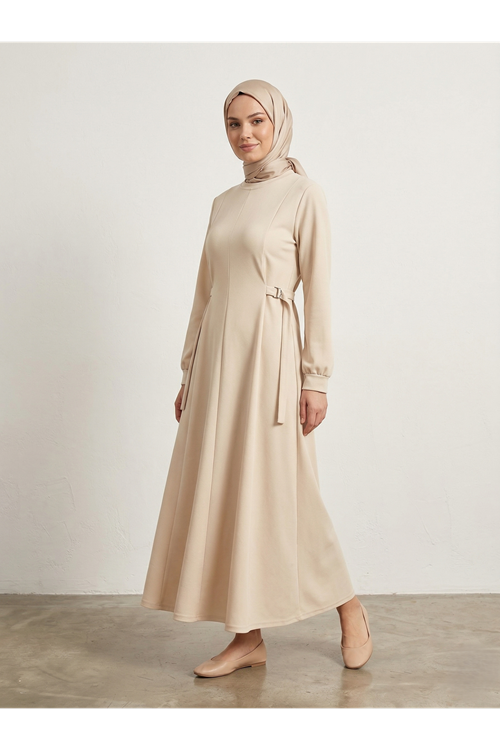ELB04126-TAŞ Kuşak Toka Detay Elbise-Taş