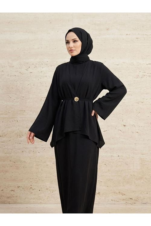 ELB04137-SYH Aksesuar Detay İkili Elbise-Siyah