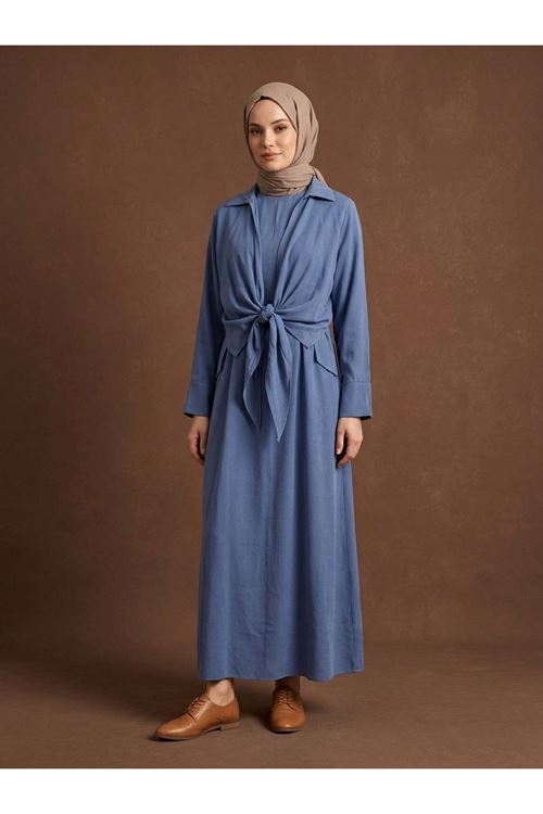 ELB04138-İND Yakalı Ön Bağlamalı İkili Elbise-İndigo