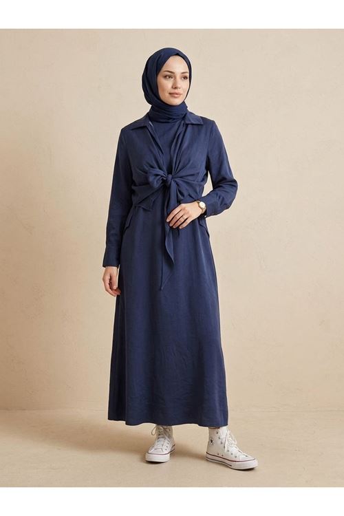 ELB04138-LCV Yakalı Ön Bağlamalı İkili Elbise-Lacivert