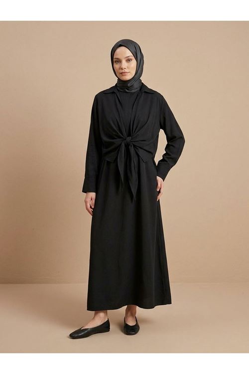 ELB04138-SYH Yakalı Ön Bağlamalı İkili Elbise-Siyah