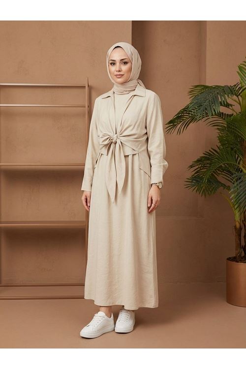 ELB04138-TAŞ Yakalı Ön Bağlamalı İkili Elbise-Taş
