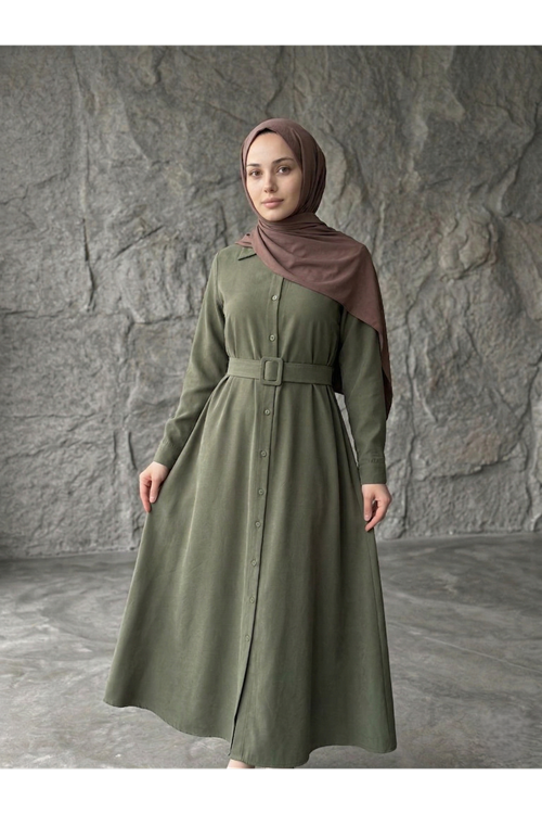 ELB04140-HKİ Kaplama Kemer Detay Elbise-Haki