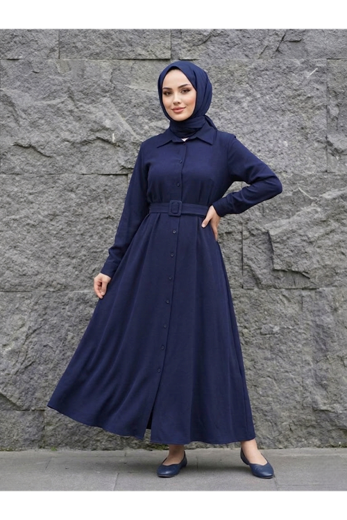 ELB04140-LCV Kaplama Kemer Detay Elbise-Lacivert