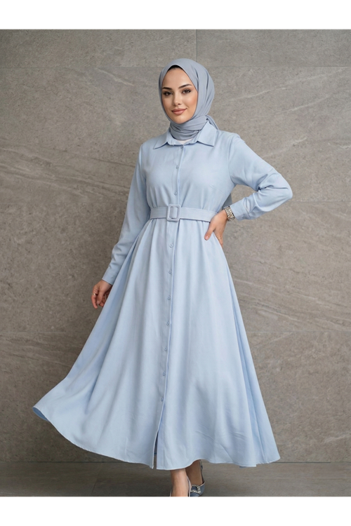 ELB04140-MAV Kaplama Kemer Detay Elbise-Mavi
