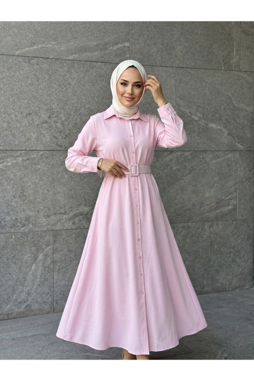 ELB04140-PMB Kaplama Kemer Detay Elbise-Pembe
