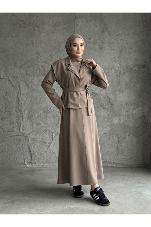 ELB04141-DMN Yelekli İkili Elbise-Duman