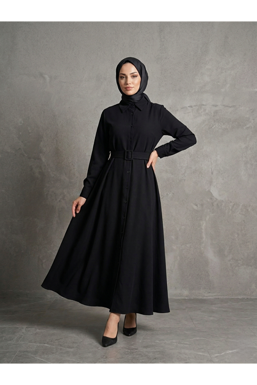 ELB04140-SYH Kaplama Kemer Detay Elbise-Siyah
