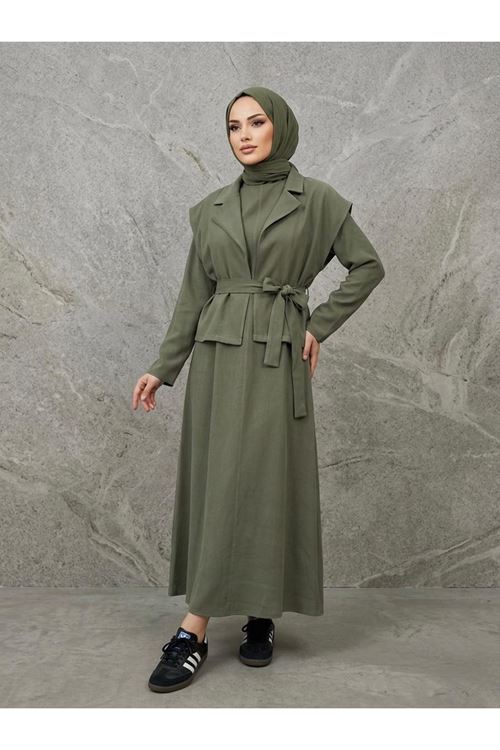 ELB04141-HKİ Yelekli İkili Elbise-Haki