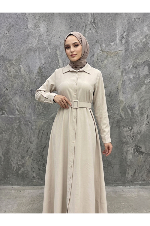 ELB04140-TAŞ Kaplama Kemer Detay Elbise-Taş