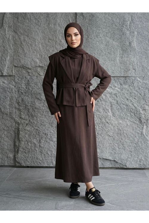 ELB04141-KHV Yelekli İkili Elbise-Kahve