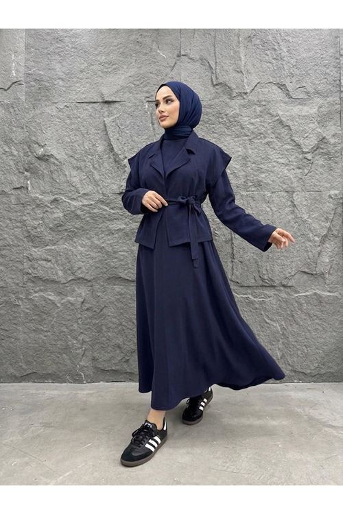 ELB04141-LCV Yelekli İkili Elbise-Lacivert