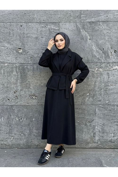ELB04141-SYH Yelekli İkili Elbise-Siyah