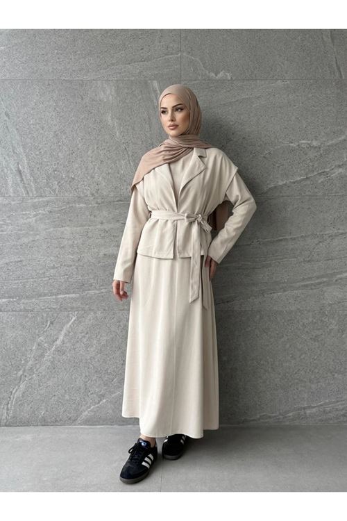 ELB04141-TAŞ Yelekli İkili Elbise-Taş