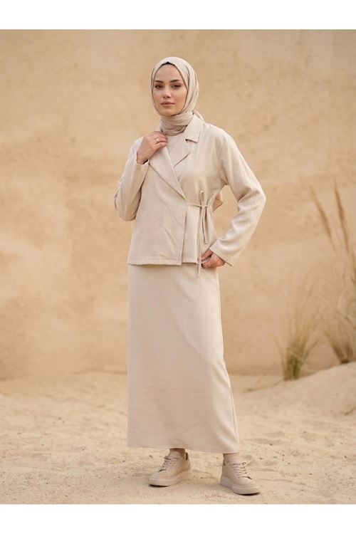 ELB04142-TAŞ Ceketli İkili Elbise-Taş