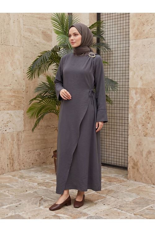 ELB04143-ANT Omuz Pİle Toka DetayTensel  Elbise-Antrasit