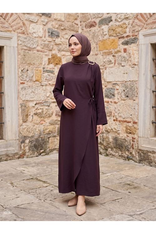 ELB04143-BRD Omuz Pİle Toka DetayTensel  Elbise-Bordo
