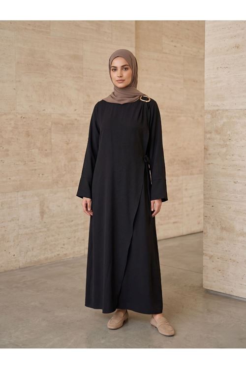 ELB04143-SYH Omuz Pİle Toka DetayTensel  Elbise-Siyah