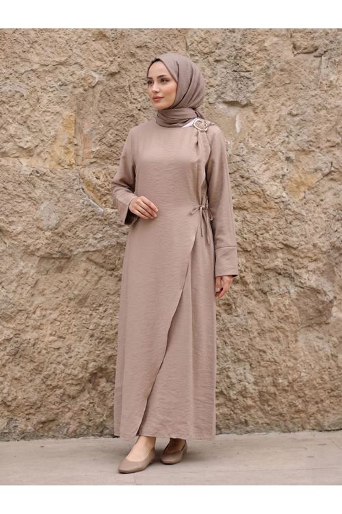 ELB04143-VİZ Omuz Pİle Toka DetayTensel  Elbise-Vizon
