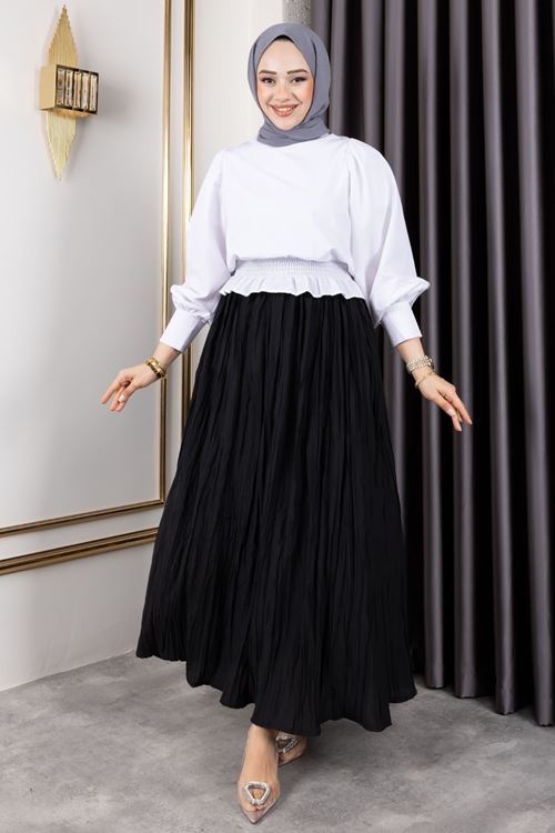 MOE03040-SYH Astarlı Kraş Etek-Siyah