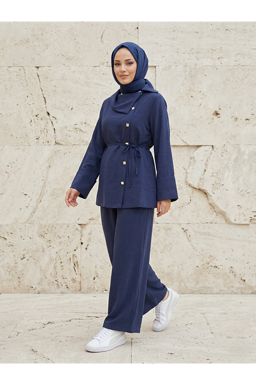 PİT00507-LCV Çapraz Düğmeli Pantolonlu Takım-Lacivert