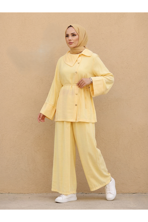 PİT00507-SRI Çapraz Düğmeli Pantolonlu Takım-Sarı