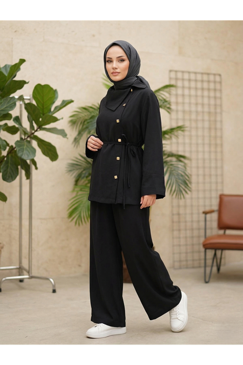 PİT00507-SYH Çapraz Düğmeli Pantolonlu Takım-Siyah