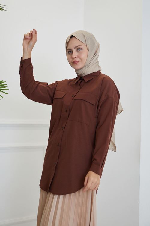 TUN05684-KHV Çift Cep Kapaklı Tunik-Kahve