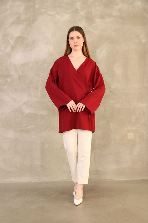 TUN05814-BRD Yan Bağlamalı Atlas Tunik-Bordo
