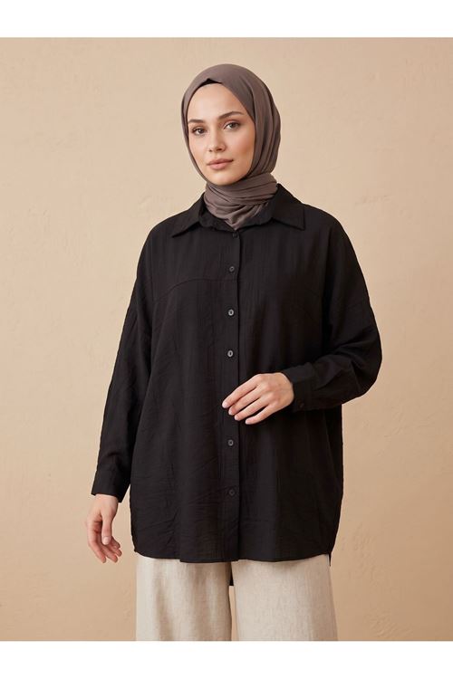 TUN05897-SYH Ön Roba Detaylı Tunik-Siyah