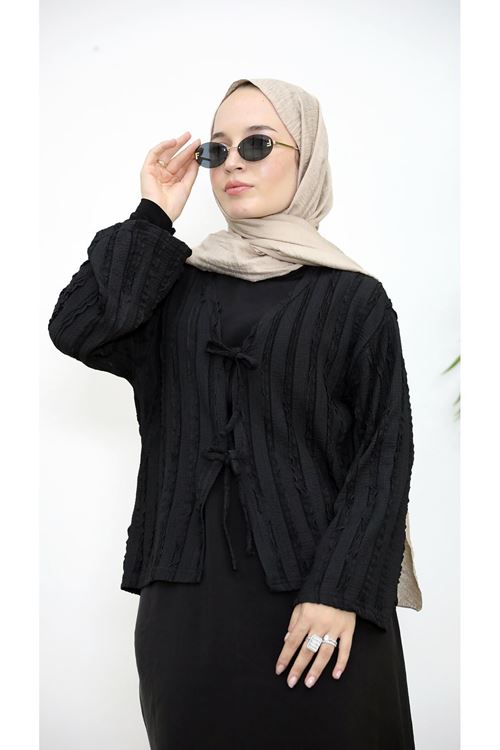 TUN05925-SYH Pileli Ön İki Bağlamalı Tunik-Siyah