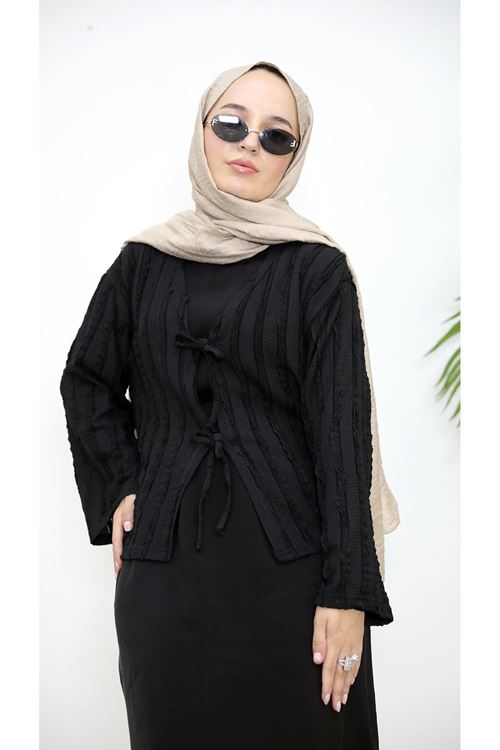 TUN05925-SYH Pileli Ön İki Bağlamalı Tunik-Siyah