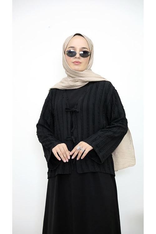 TUN05925-SYH Pileli Ön İki Bağlamalı Tunik-Siyah